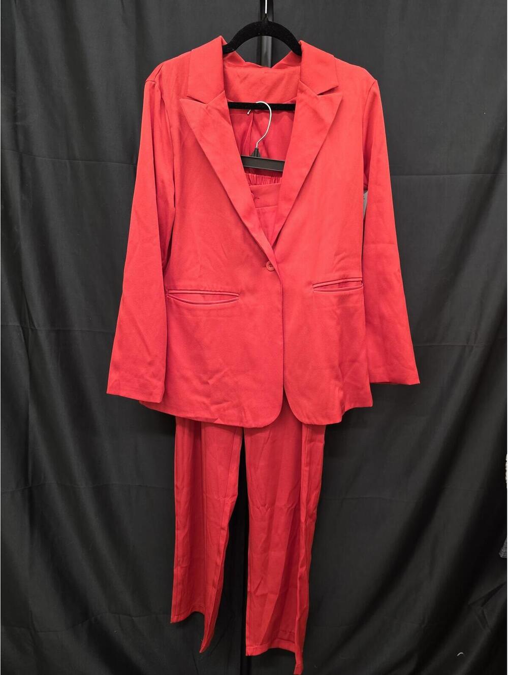 Women’s Long Sleeve Lapel Blazer and Pants 2 Piece Business Suit Set Red L